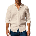 Camisa de linho de algodão para homens henley pescoço cor sólida leve respirável fino ajuste único breasted camisa manga longa botão acima
