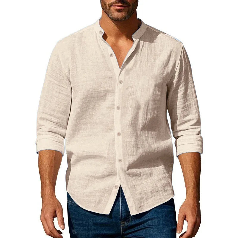 Camisa de linho de algodão para homens henley pescoço cor sólida leve respirável fino ajuste único breasted camisa manga longa botão acima