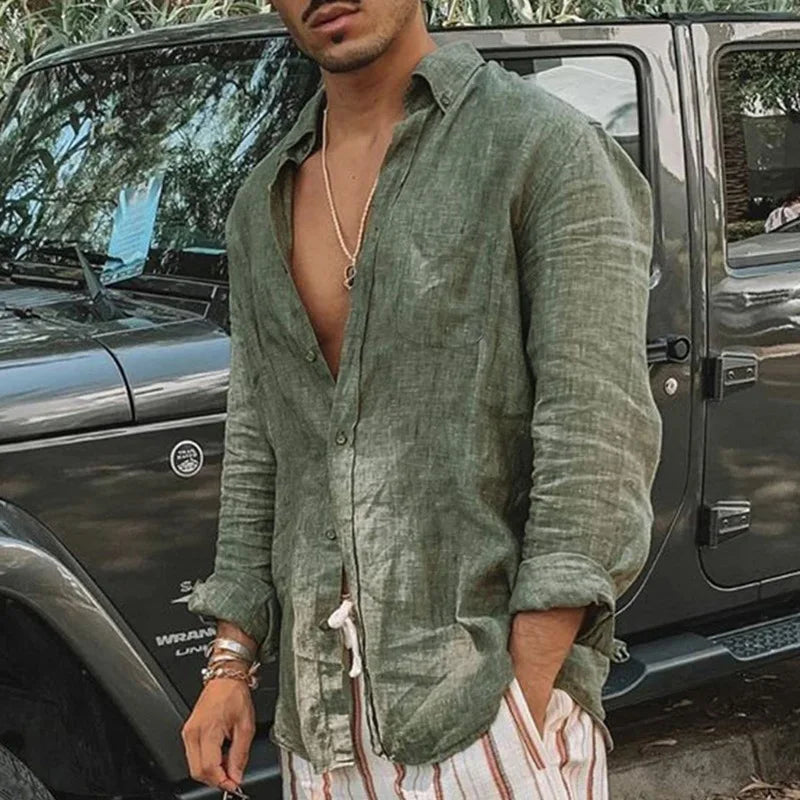 Camisa fina masculina de mangas compridas, cardigã de lapela, monocromática, moda casual, adequada para atividades ao ar livre