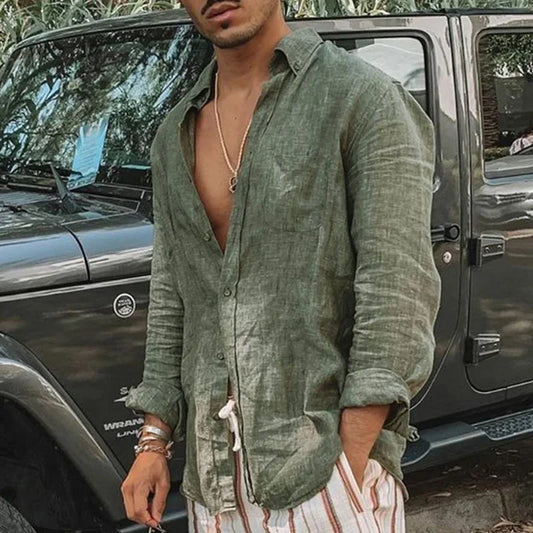 Camisa fina masculina de mangas compridas, cardigã de lapela, monocromática, moda casual, adequada para atividades ao ar livre