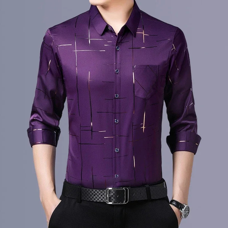 Camisa masculina casual e elegante de manga comprida estampada, top de negócios sem engomar e resistente a rugas