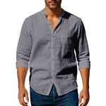 Camisa de linho de algodão para homens henley pescoço cor sólida leve respirável fino ajuste único breasted camisa manga longa botão acima