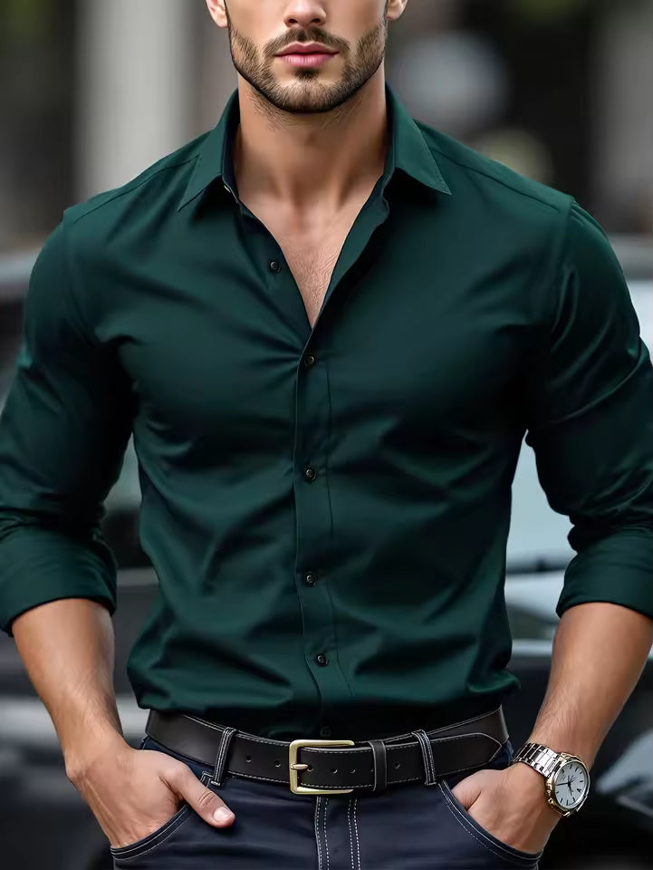 Fgkks nova camisa masculina nova marca cor sólida manga longa tecido elástico masculino múltiplas cores qualidade camisa básica
