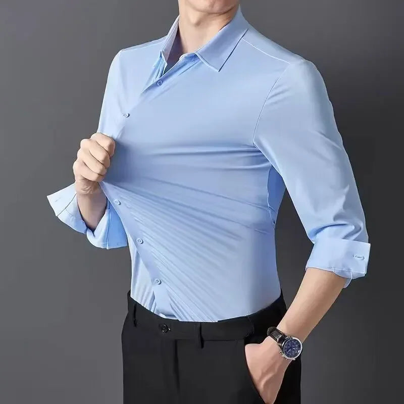 Camisa ultraelástica masculina premium – Camisa formal de manga comprida de negócios sedosa de alta qualidade para uso social e casual