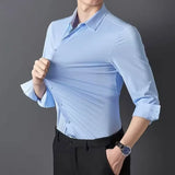 Camisa ultraelástica masculina premium – Camisa formal de manga comprida de negócios sedosa de alta qualidade para uso social e casual