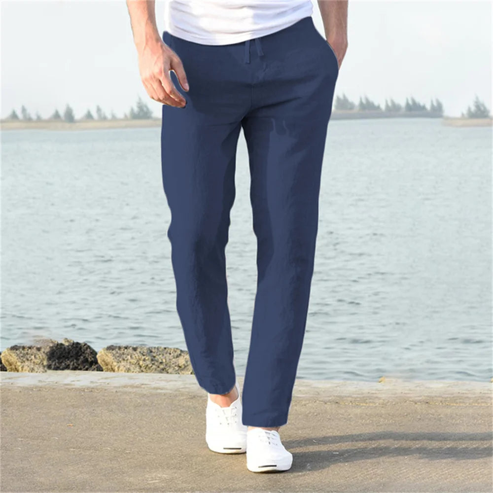 Calças de linho de algodão masculino outono novo respirável cor sólida calças de linho fitness streetwear S-3XL