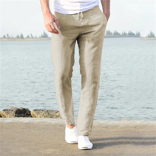 Calças de linho de algodão masculino outono novo respirável cor sólida calças de linho fitness streetwear S-3XL