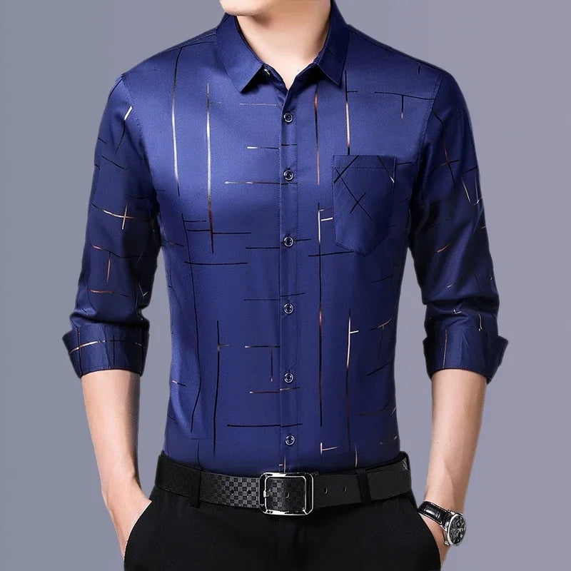 Camisa masculina casual e elegante de manga comprida estampada, top de negócios sem engomar e resistente a rugas