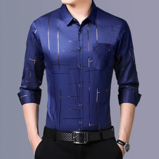 Camisa masculina casual e elegante de manga comprida estampada, top de negócios sem engomar e resistente a rugas