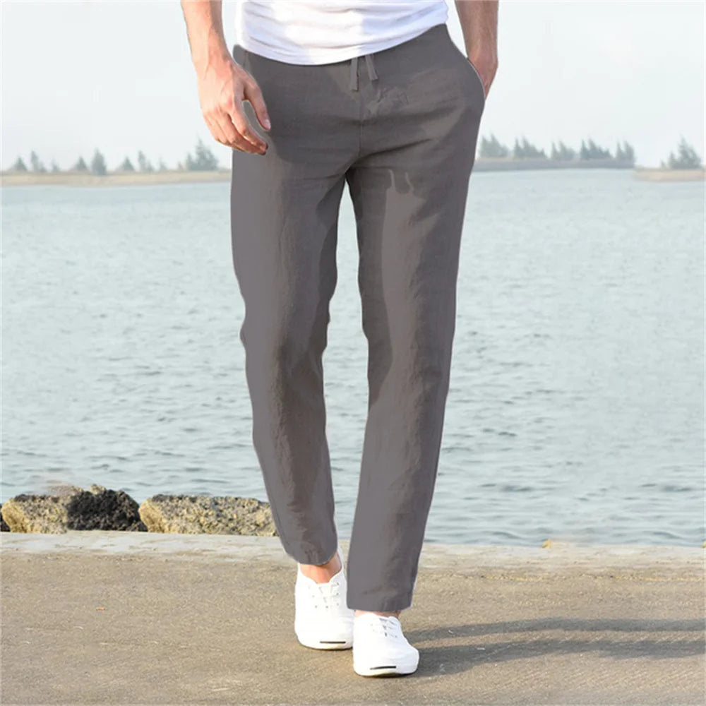 Calças de linho de algodão masculino outono novo respirável cor sólida calças de linho fitness streetwear S-3XL