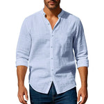 Camisa de linho de algodão para homens henley pescoço cor sólida leve respirável fino ajuste único breasted camisa manga longa botão acima