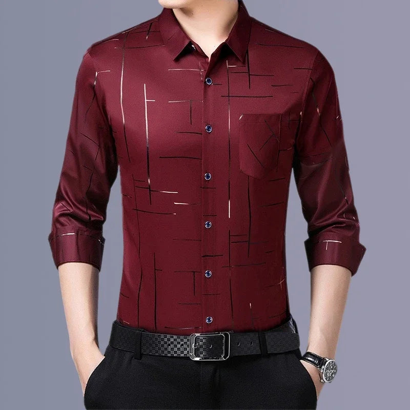 Camisa masculina casual e elegante de manga comprida estampada, top de negócios sem engomar e resistente a rugas