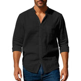 Camisa de linho de algodão para homens henley pescoço cor sólida leve respirável fino ajuste único breasted camisa manga longa botão acima