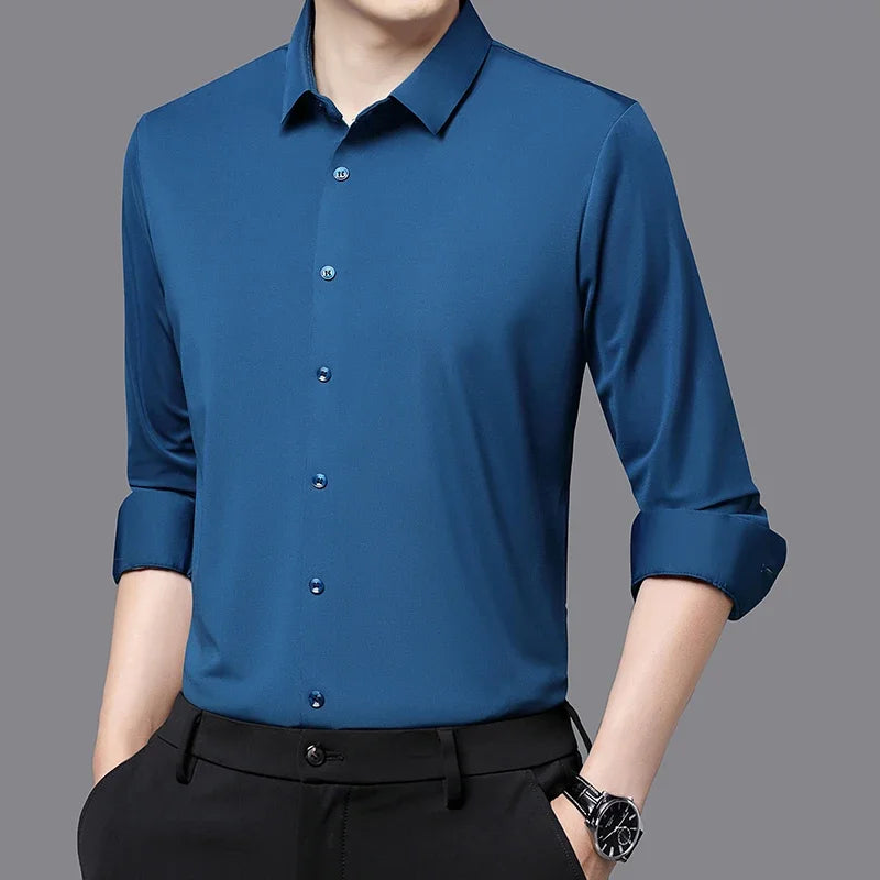Camisa ultraelástica masculina premium – Camisa formal de manga comprida de negócios sedosa de alta qualidade para uso social e casual