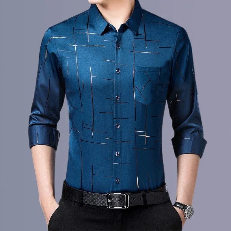 Camisa masculina casual e elegante de manga comprida estampada, top de negócios sem engomar e resistente a rugas