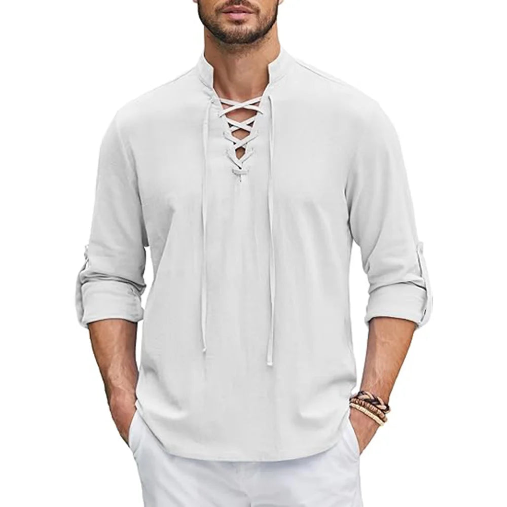 Camisa renascentista masculina pirata medieval viking topo camisas de linho de algodão masculino manga comprida traje de halloween