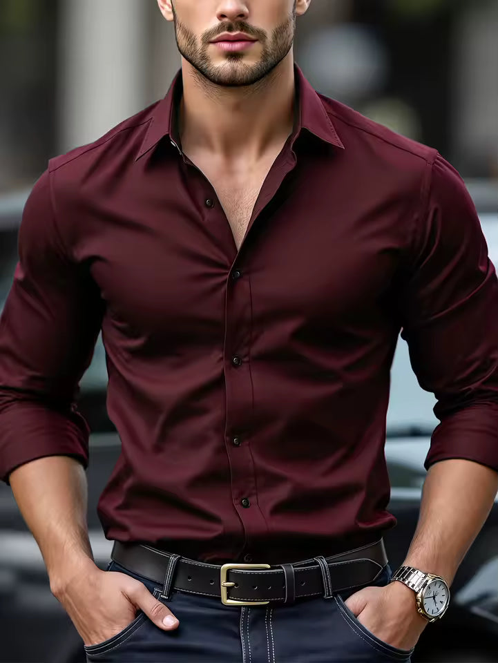 Fgkks nova camisa masculina nova marca cor sólida manga longa tecido elástico masculino múltiplas cores qualidade camisa básica