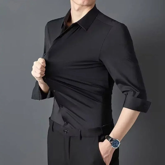 Camisa ultraelástica masculina premium – Camisa formal de manga comprida de negócios sedosa de alta qualidade para uso social e casual