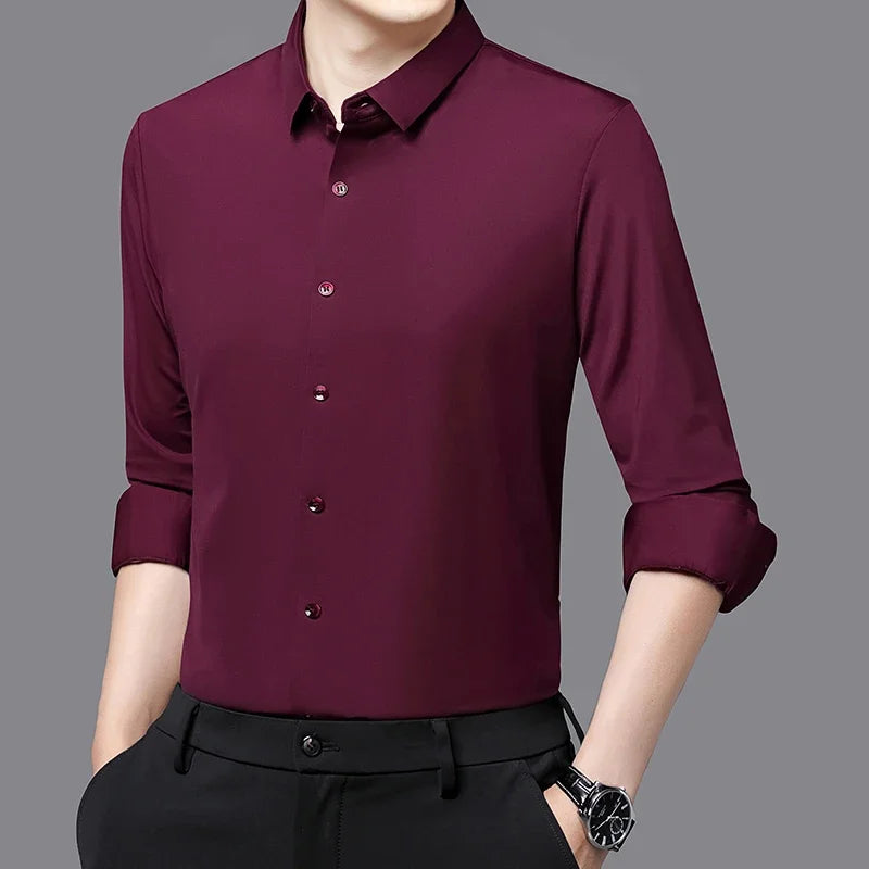 Camisa ultraelástica masculina premium – Camisa formal de manga comprida de negócios sedosa de alta qualidade para uso social e casual
