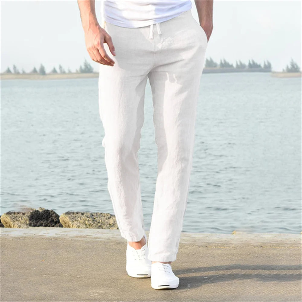 Calças de linho de algodão masculino outono novo respirável cor sólida calças de linho fitness streetwear S-3XL