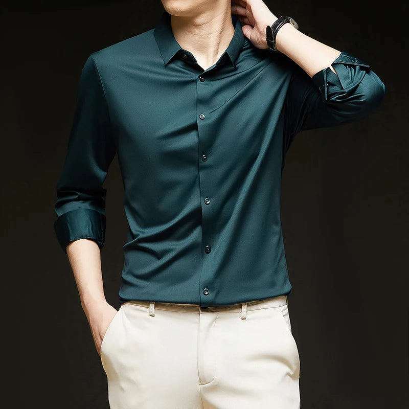 Camisa ultraelástica masculina premium – Camisa formal de manga comprida de negócios sedosa de alta qualidade para uso social e casual