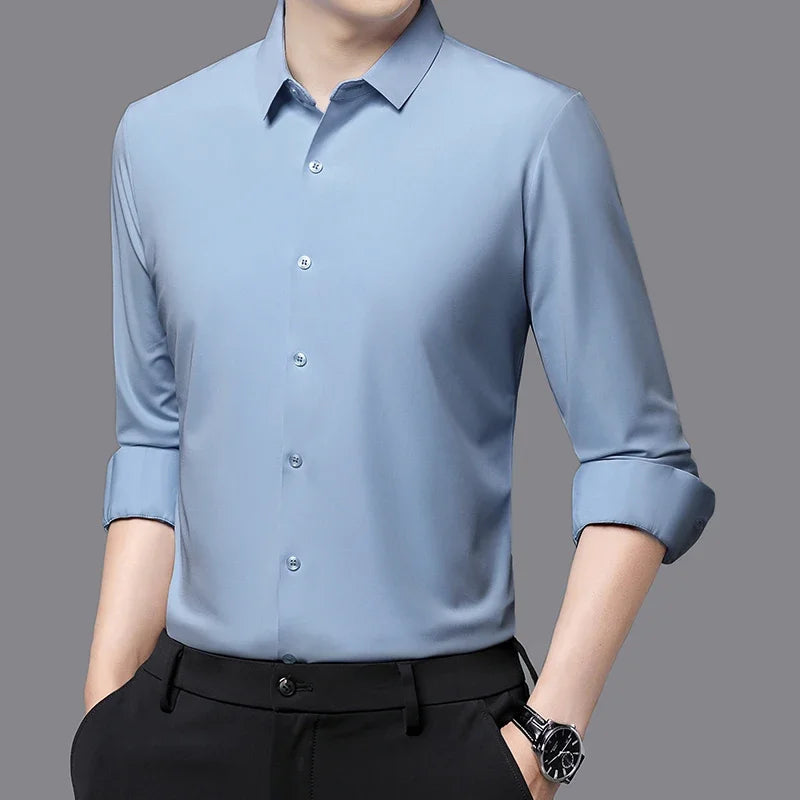 Camisa ultraelástica masculina premium – Camisa formal de manga comprida de negócios sedosa de alta qualidade para uso social e casual