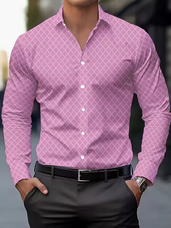 Camisas de vestido de design de gola de lapela com estampa geométrica masculina, camisa de manga comprida casual camisa de botão para ocasiões formais