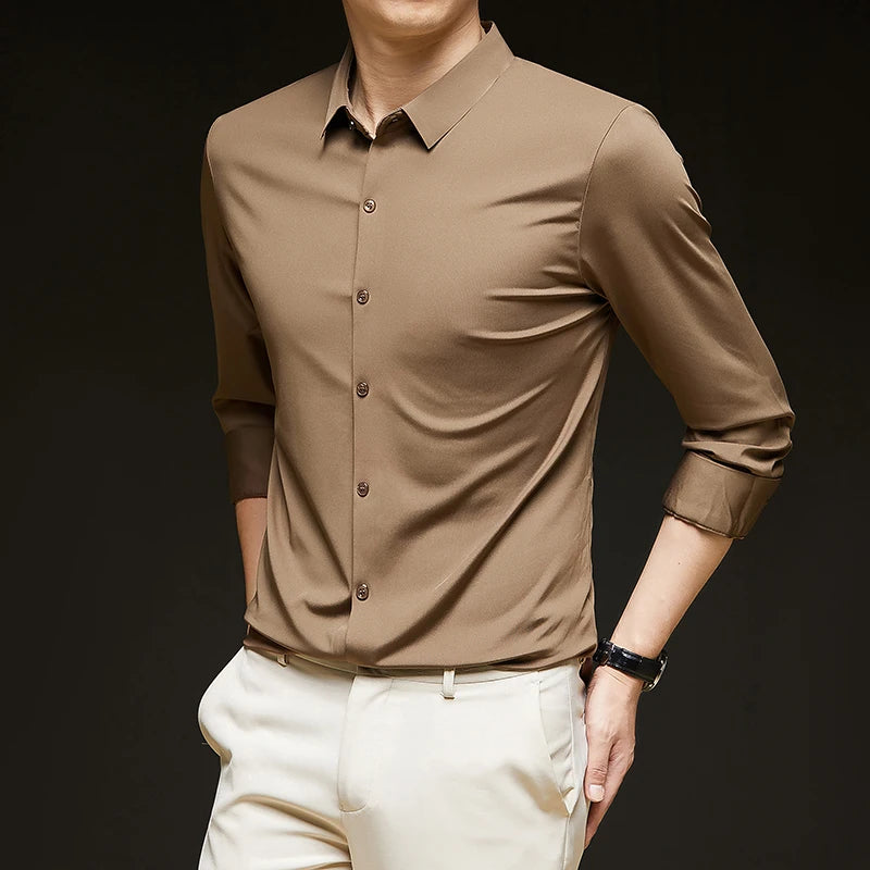 Camisa ultraelástica masculina premium – Camisa formal de manga comprida de negócios sedosa de alta qualidade para uso social e casual