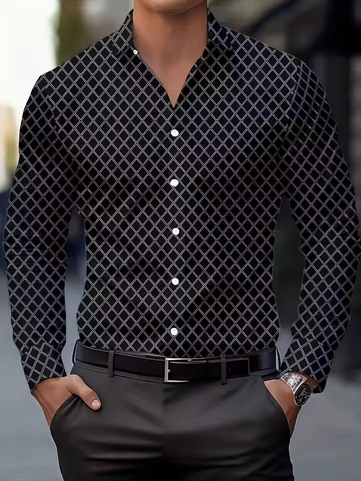 Camisas de vestido de design de gola de lapela com estampa geométrica masculina, camisa de manga comprida casual camisa de botão para ocasiões formais