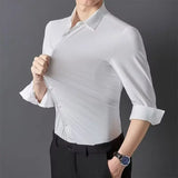 Camisa ultraelástica masculina premium – Camisa formal de manga comprida de negócios sedosa de alta qualidade para uso social e casual