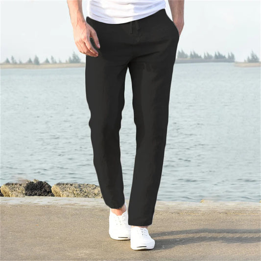 Calças de linho de algodão masculino outono novo respirável cor sólida calças de linho fitness streetwear S-3XL