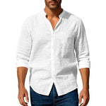 Camisa de linho de algodão para homens henley pescoço cor sólida leve respirável fino ajuste único breasted camisa manga longa botão acima