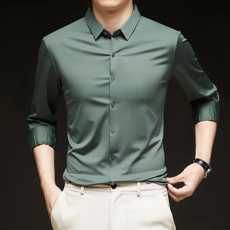Camisa ultraelástica masculina premium – Camisa formal de manga comprida de negócios sedosa de alta qualidade para uso social e casual
