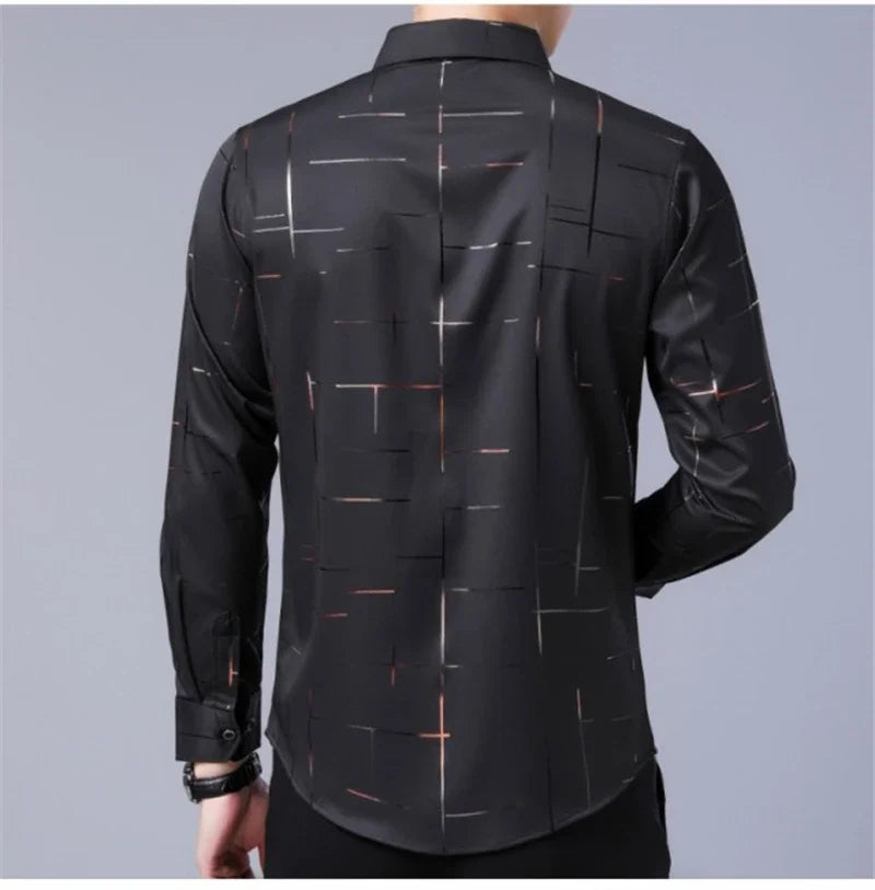 Camisa masculina casual e elegante de manga comprida estampada, top de negócios sem engomar e resistente a rugas