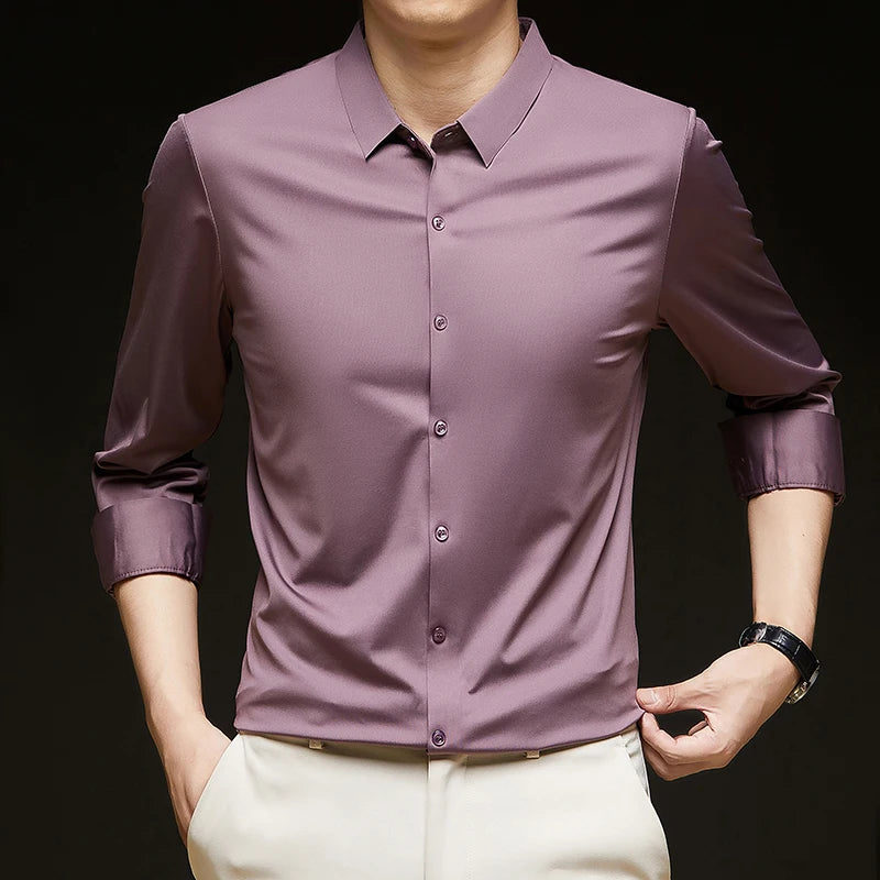 Camisa ultraelástica masculina premium – Camisa formal de manga comprida de negócios sedosa de alta qualidade para uso social e casual