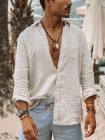 Camisa fina masculina de mangas compridas, cardigã de lapela, monocromática, moda casual, adequada para atividades ao ar livre