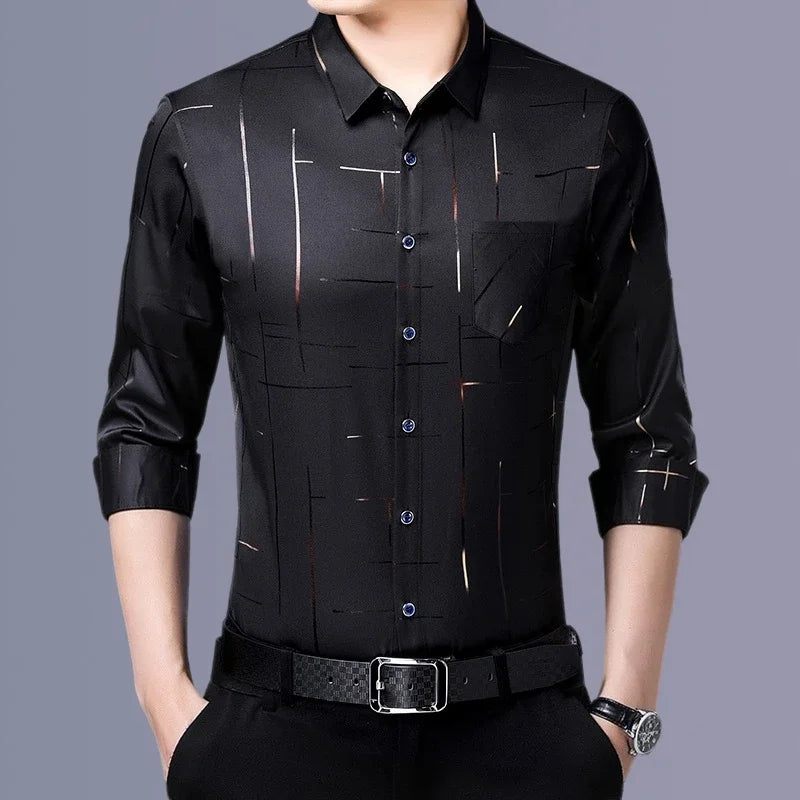Camisa masculina casual e elegante de manga comprida estampada, top de negócios sem engomar e resistente a rugas
